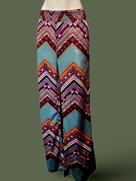 Karlie Pants - Karlie Multicolor Geometric Wide-Leg Pants Chevron Pattern Retro Casual Women